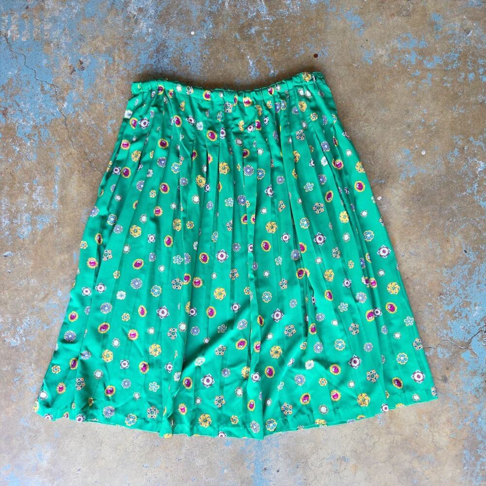 Vintage 90s Green Midi Skirt Plus Size 22W Jewel Print Pleated Koret Pull On
